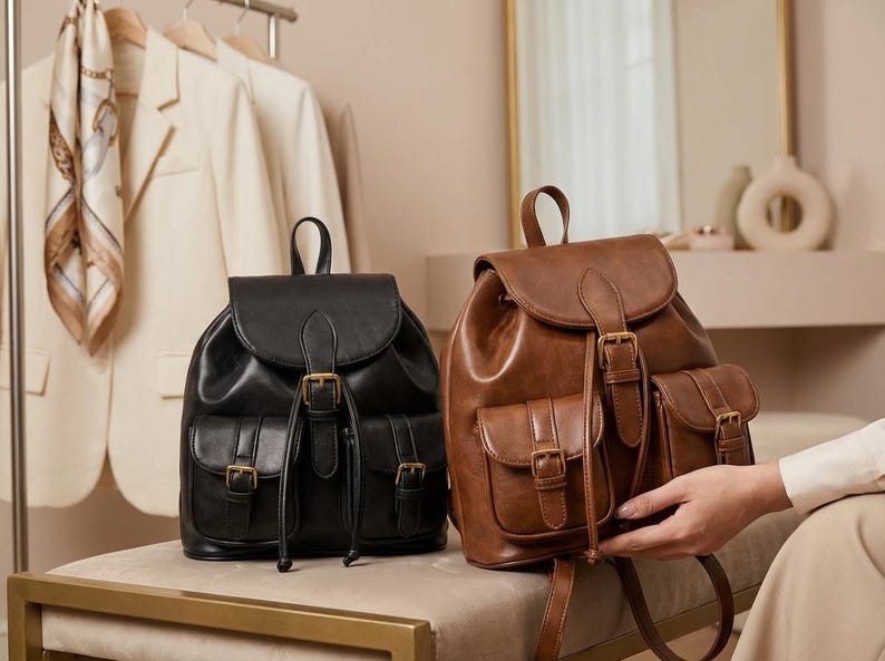 May include: Two leather backpacks, one black and one brown, are displayed. The black backpack has a flap closure and two front pockets with gold-colored buckles. The brown backpack has a similar design. Both have top handles.