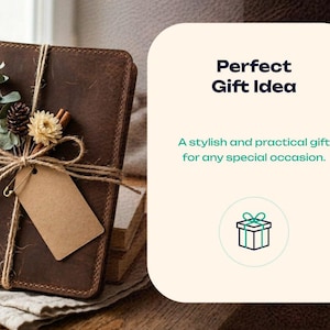 May include: A brown leather journal tied with twine and adorned with dried flowers, a pinecone, and a blank tag. The journal is presented as a gift, with the text "Perfect Gift Idea" visible in the image.