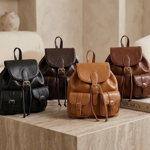 Leather Mini Backpack, Small Leather Backpack With Front Pockets, Everyday Leather Backpack With Flap Closure, Compact Travel Backpack image 3