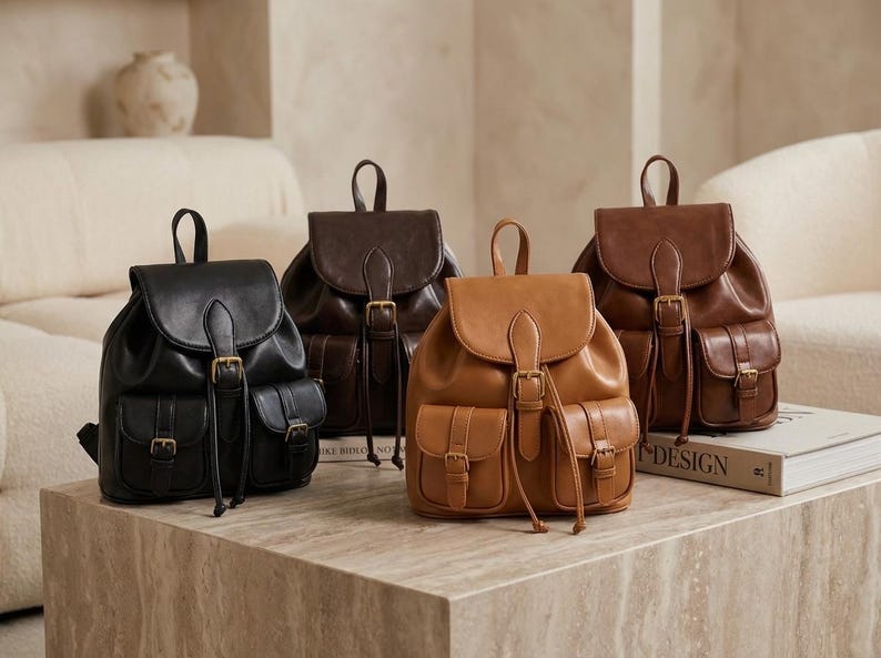 Leather Mini Backpack, Small Leather Backpack With Front Pockets, Everyday Leather Backpack With Flap Closure, Compact Travel Backpack image 3