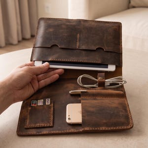 Leather Tech Organizer Portfolio, Mens Travel Electronics Cable Storage Bag, Vintage iPad Tablet Document Case Folder, Gift for Him