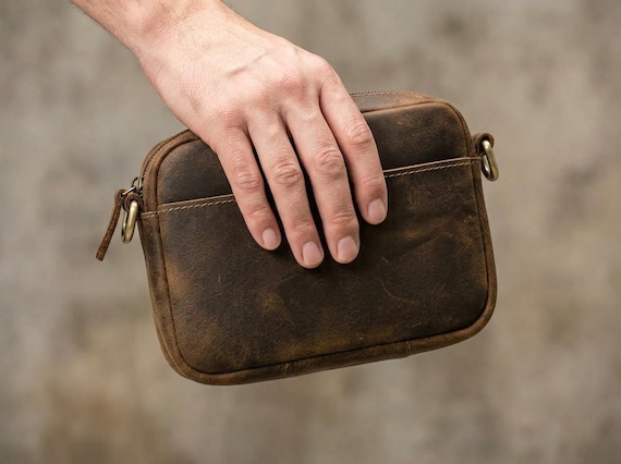 Leather Tech Organizer Bag, Retro Crazy Horse Crossbody Pouch, Travel Cable Electronics Organizer Bag, Unique Gift for H