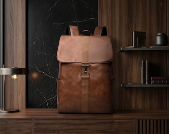 Leather Backpack Bag, Flap Laptop Backpack, Buckle Strap Backpack, Leather Travel Backpack, Side Pocket Rucksack, Everyday Backpack