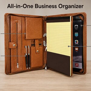 Puede incluir: Un organizador de negocios de cuero color canela con el texto All-in-One Business Organizer. El interior incluye una funda para tableta, un soporte para bloc de notas amarillo con líneas, presillas para bolígrafos y ranuras para tarjetas de visita.