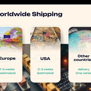 May include: Image showing a map of Europe with the European Union flag, a map of the USA with the American flag, and a globe. The text "Worldwide Shipping" is at the top. The image is advertising worldwide shipping.
