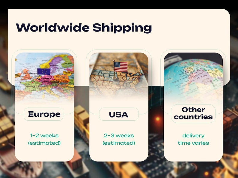 May include: Image showing a map of Europe with the European Union flag, a map of the USA with the American flag, and a globe. The text "Worldwide Shipping" is at the top. The image is advertising worldwide shipping.