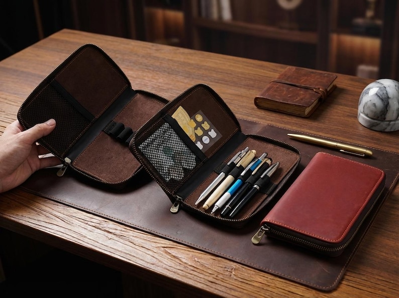 May include: Open brown leather pen case with a zipper, containing several pens. A matching red leather case and a small notebook are also visible. The items are on a brown leather desk mat, with a marble paperweight and a gold pen.