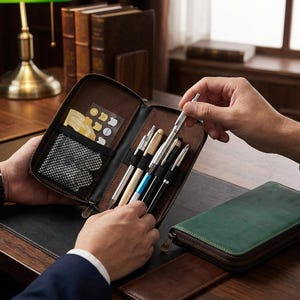 May include: A brown leather pen case with a zipper, open to reveal several pens and a small pocket with stickers. A green leather case is next to it. The scene is set on a wooden desk.