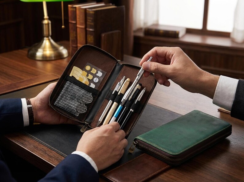 May include: A brown leather pen case with a zipper, open to reveal several pens and a small pocket with stickers. A green leather case is next to it. The scene is set on a wooden desk.