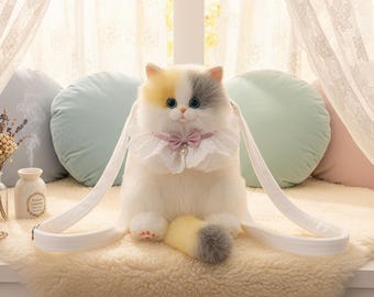 Plush Cat Backpack Purse, Convertible Kitty Bag, Kawaii Animal Accessory