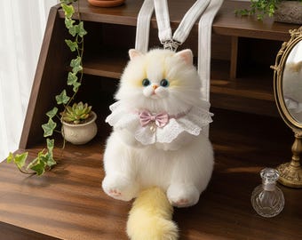 Fluffy Cat Backpack Purse, Plush Kitty Bag with Lace Collar, Fairycore Kawaii Style