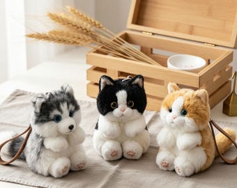 Realistic Plush Cat Keychain, Fluffy Kitten Bag Charm, Kawaii Animal Toy