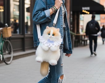 Plush Cat Crossbody Bag, Soft Kitty Shoulder Bag, Lightweight Fluffy Accessory