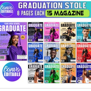Könnte beinhalten: Eine Sammlung von 15 Magazin-Covern für den Schulabschluss, die jeweils einen Studenten in Robe und Hut zeigen. Die Cover zeigen den Text "GRADUATE" und "CLASS OF 2026" oder "CLASS OF 2025" mit den Worten "SUCCESS IS JUST THE BEGINNING". Die Magazine sind mit Canva editierbar.