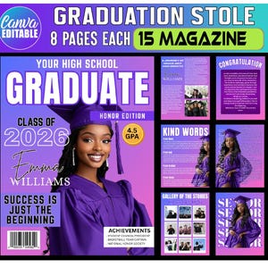 Könnte beinhalten: Ein Magazin-Cover-Design für einen Highschool-Absolventen mit einer jungen Frau in lila Abschlusskleid und -kappe. Das Cover enthält den Text „GRADUATE“, „CLASS OF 2026“ und den Namen „Emma Williams“. Zusätzliche Seiten sind sichtbar.