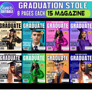Könnte beinhalten: Eine Sammlung von 15 Magazin-Covern für den Schulabschluss, jedes mit einem einzigartigen Design. Die Cover zeigen Schüler in Abschlusskleidung, den Text "GRADUATE" und das Abschlussjahr. Der Satz "SUCCESS IS JUST THE BEGINNING" ist ebenfalls sichtbar.