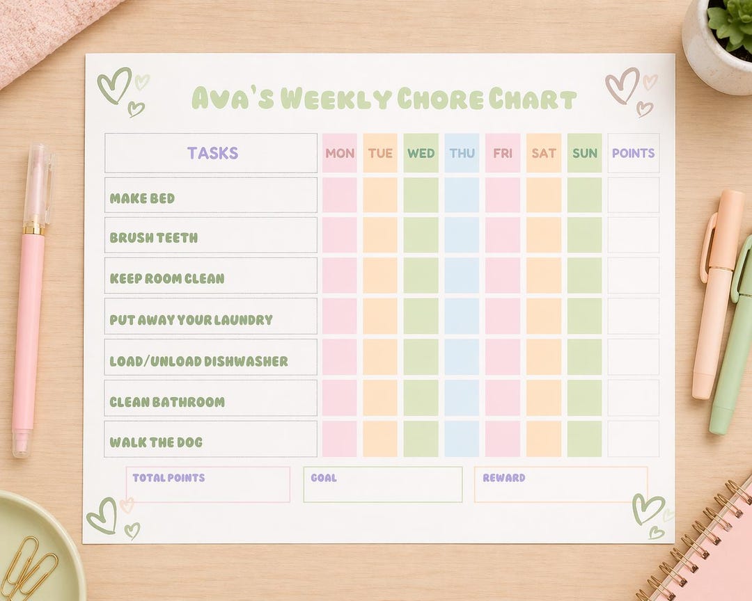 Chore Point System Editable Kids Chore Chart Printable, Weekly Responsibility Chart With ...