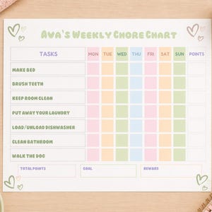 May include: A pastel chore chart, titled "Ava's Weekly Chore Chart", with tasks such as "Make Bed" and "Walk the Dog". The chart has a grid for daily progress, with hearts and pens scattered around.