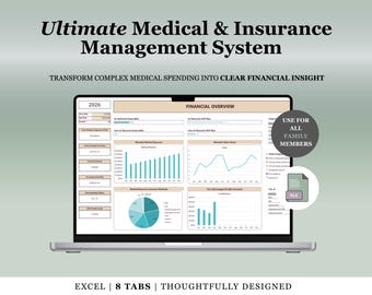Rastreador definitivo de gastos médicos y reclamaciones de seguros / Panel de control financiero para el sector sanitario / Excel / Hoja de cálculo anual (Descarga digital)