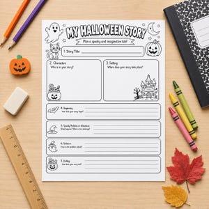 May include: A white paper worksheet titled My Halloween Story with black line art illustrations of a ghost, cat, pumpkin, cauldron, haunted house, bat, witch hat, and candy. The page includes sections for story title, characters, setting, and plot.