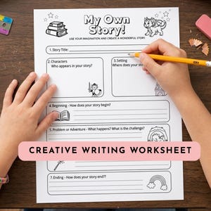 Op de afbeelding: Een wit creatief schrijfwerkblad met de titel "My Own Story!" en aanwijzingen voor verhaalelementen. Het werkblad bevat illustraties van een draak, een kasteel en een regenboog. De tekst "CREATIVE WRITING WORKSHEET" wordt weergegeven op een roze banner.