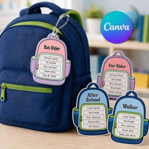 Pode incluir: Uma mochila azul-escura com acabamento verde-claro e quatro etiquetas de identificação em formato de mochila. As etiquetas trazem os dizeres Bus Rider, Car Rider, After School e Walker, com campos para nome, série, professor e transporte.