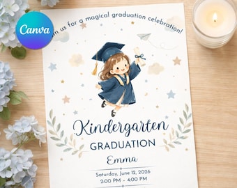 Kindergarten Graduation Invitation Template | Watercolor Girl Party Invite (Digital Download)