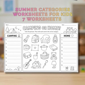 May include: A black and white educational worksheet titled Camping or Home? featuring line art illustrations of items like a flashlight, backpack, armchair, lantern, mug, pillow, pot, book, sleeping bag, toothbrush, basket, teddy bear, guitar, house, marshmallow, and lamp.