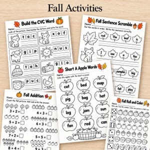 Peut inclure: Un ensemble de cinq fiches pédagogiques intitulées Fall Activities, présentant des illustrations en noir et blanc de citrouilles, de feuilles et d'animaux. Les pages incluent des exercices comme Build the CVC Word, Fall Sentence Scramble, Short A Apple Words, Fall Addition et Fall Roll and Color avec diverses tâches de mathématiques et de lecture.