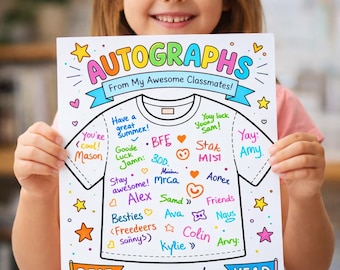Página para colorear de camiseta con autógrafo / Actividad para recordar el último día de clases (Descarga digital)