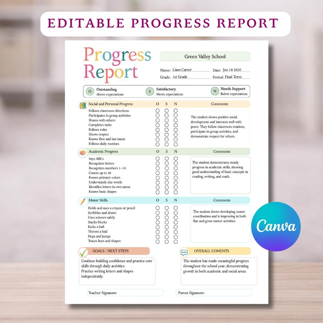 Editable Student Progress Report Template, Canva School Report (digital ...