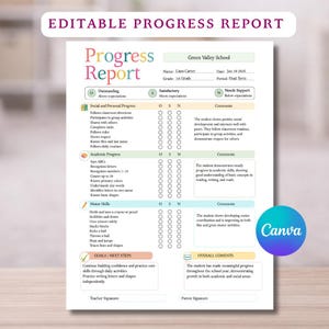 May include: An editable progress report template with a green and white design. The report includes sections for social and personal progress, academic progress, and motor skills, with space for comments and goals.