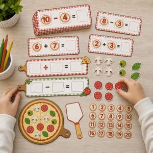Peut inclure: Un jeu éducatif de mathématiques sur le thème de la pizza comprenant des cartes d'équations rectangulaires avec les nombres 10-4, 8-3, 6+7 et 2+3, deux planches d'équations vierges, une planche à pizza circulaire, une spatule et des découpes en carton de champignons, olives, basilic, pepperoni et les nombres 1-20.