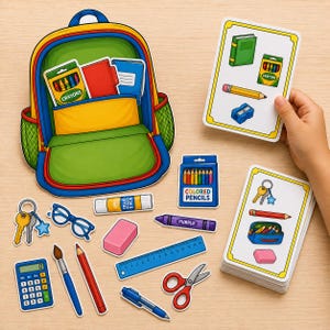 Puede incluir: Un recorte de mochila colorida con útiles escolares que incluyen una calculadora, pincel, lápiz rojo, pegamento en barra, goma de borrar rosa, regla azul, tijeras, bolígrafo azul, crayón morado, gafas y llaves. Dos tarjetas muestran estos objetos.