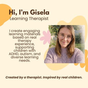 May include: A professional profile card featuring a photograph of a person with light brown hair and glasses wearing a lavender cable-knit jumper. The text reads: Hi, I'm Gisela Learning Therapist. I create engaging learning materials based on real therapy experience, supporting children with ADHD, autism, and diverse learning needs. Created by a therapist. Inspired by real children.