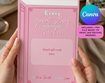 Teacher Gift Card Holder, Book Theme, Canva Template (Digital Download)
