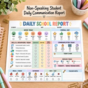 Puede incluir: Un formulario de informe escolar diario en papel blanco para estudiantes no verbales con secciones coloridas para el estado de ánimo, habilidades, comportamientos, comunicación, comidas, baño y descanso. El encabezado dice Non-Speaking Student Daily Communication Report.
