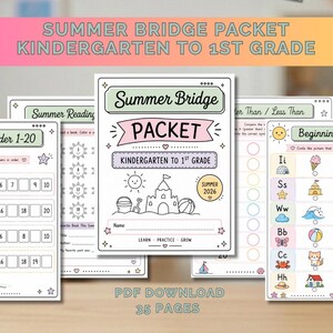 Pode incluir: Um download educativo em PDF de 35 páginas intitulado Summer Bridge Packet Kindergarten to 1st Grade. As páginas apresentam ilustrações de linhas em preto e branco de sóis, castelos de areia e itens de praia, com exercícios de leitura e matemática.