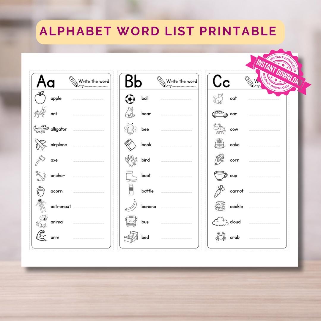 Alphabet Word List Printable, ABC Writing Practice Sheets, Kids ...