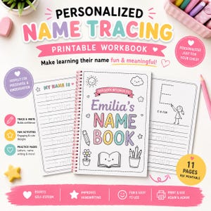 Może przedstawiać: Spersonalizowany zeszyt ćwiczeń do nauki pisania imienia do druku z okładką spiralną zatytułowaną Emilia's Name Book. Strony zawierają przerywane linie do ćwiczeń, ilustracje słońca, chmur, kwiatka i ołówka oraz tekst 11 PAGES PDF PRINTABLE.