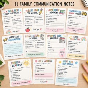 Può includere: Undici foglietti di comunicazione rettangolari bianchi per la scuola e la casa. Ogni nota presenta intestazioni colorate, caselle di controllo e righe vuote per scrivere i dettagli. I disegni includono illustrazioni come un arcobaleno, una mela, libri, un autobus e un sole.