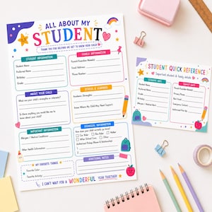 May include: A large and a small white paper form titled All About My Student and Student Quick Reference, featuring colorful headers, fillable lines, and illustrations of a rainbow, stars, hearts, a pencil, a backpack, and an apple.
