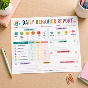 May include: A Daily Behavior Report sheet featuring colorful headers and sections for student information, mood tracking with emoji icons, behavior checklists, daily wins, goals, teacher notes, and reminders, printed on white paper with a multi-colored design.