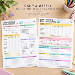 May include: Two white paper sheets titled Daily & Weekly Routine and Regulation Trackers with colourful sections, checkboxes, and lines for notes. The text includes Daily Routine & Regulation Tracker and Weekly Routine & Regulation Overview.
