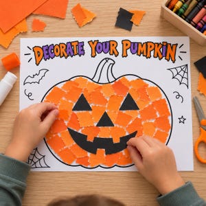 Pode incluir: Uma folha de papel branca com o texto DECORATE YOUR PUMPKIN em laranja e roxo, apresentando o contorno de uma abóbora grande preenchido com pequenos quadrados de papel laranja, olhos de triângulo preto e uma boca de meia-lua preta.