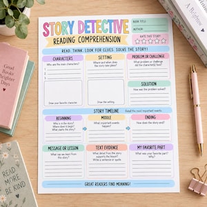 May include: A Story Detective reading comprehension worksheet printed on white paper with colourful headers. The form includes sections for characters, setting, problem, solution, story timeline, message, text evidence, and favourite part with blank lines.