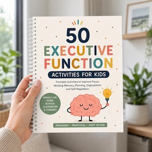 May include: A spiral-bound activity book with a cream cover titled 50 Executive Function Activities for Kids. The cover features a cartoon pink brain holding a yellow lightbulb, with text detailing printable activities for focus and memory.