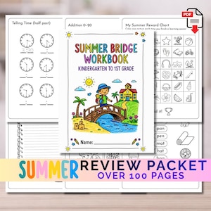 May include: A Summer Bridge Workbook for kindergarten to 1st grade students. The cover features a colorful illustration of a child crossing a wooden bridge near a school, with sun, palm trees, and a sandcastle. Includes pages for telling time and reward charts.