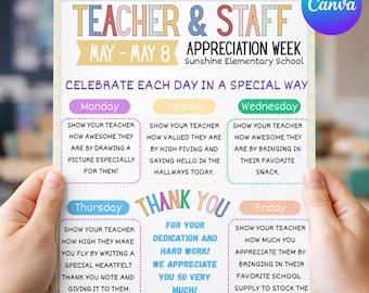 Teacher Appreciation Week Schedule Flyer, Teacher Gifts, Daily Activities Template (Digital Download)
