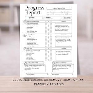 May include: A black and white school progress report from Green Valley School, with sections for social and personal progress, academic progress, and motor skills. The report includes text fields and check boxes for evaluation, with the text "Customize colours or remove them for ink-friendly printing" at the bottom.
